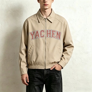 Giacca Harrington Personalizzata Color Sabbia con Zip, Stampa Bandiera Vintage Americana, Grafica Effetto Invecchiato, Giacca Vintage da Uomo - Product Image 1