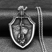 Collier pendentif unisexe en acier inoxydable plaqué argent, motif ange guerrier ailé et bouclier, serti griffe, Saint Michel Archange, chapelet