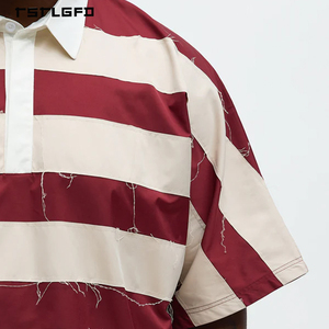 Camisetas Polo a Rayas Borgoña de Talla Grande Personalizadas de Verano OEM/ODM con Borde Desgastado para Hombre, Estilo Vintage - Product Image 3