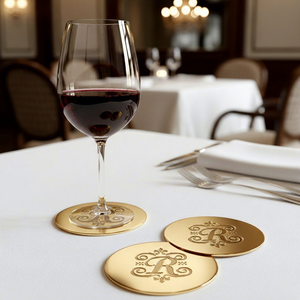 Sous-verre en métal personnalisé pour café et restaurant |   Logo gravé, nom de marque, alliage de zinc plaqué or |   Vente en gros OEM en vrac, faible MOQ - Product Image 4