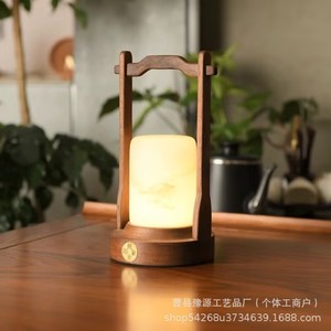 Retro Style Table Lamp Solid Wood Marble Cover <b>Touch</b> Control Rechargeable Portable Night <b>Light</b> For Bedside Sleep Breastfeeding - Product Image 2