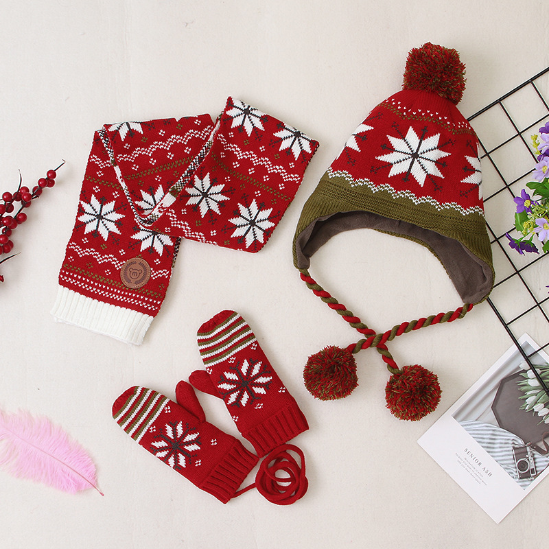 Рождественский комплект из 3 предметов; Хлопковые носки для мальчиков и девочек; Зимний вышитый плотная вязаная детская шапка перчатки шарф
