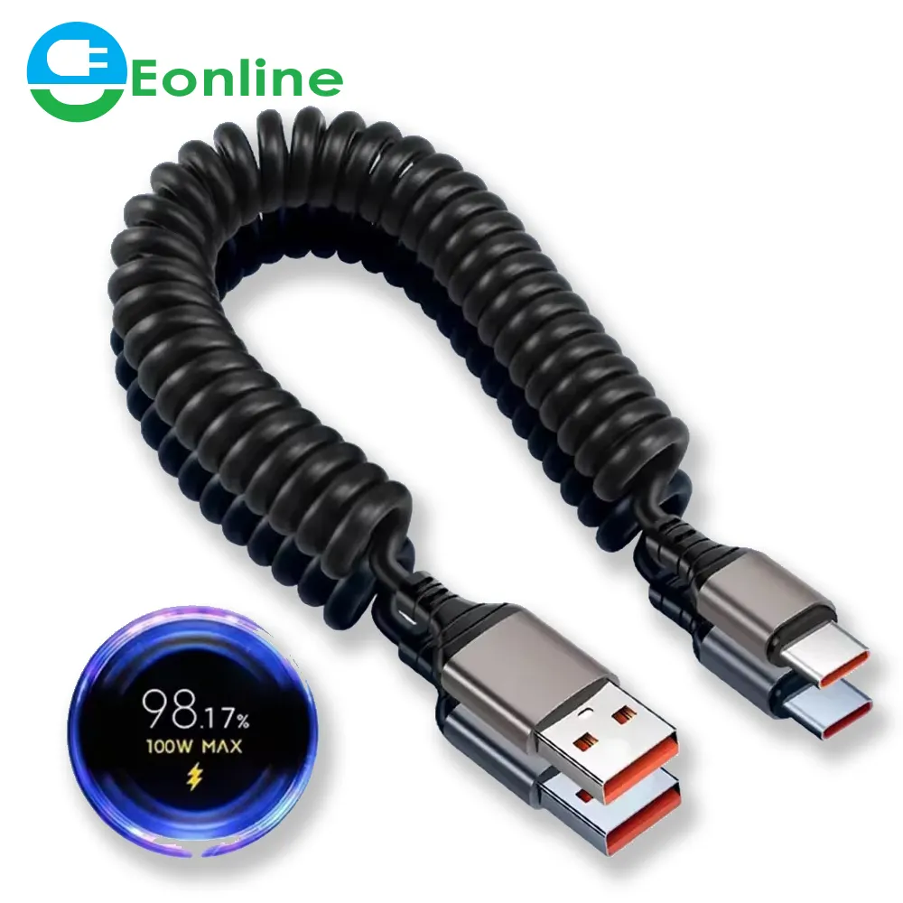 Eonline 2D 60W 6A USB Type C Fast Charging Cable USB\Type-C to Type-C Carplay Spring Cable for Phone Xiaomi Samsung Huawei