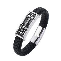 Gelang Kulit Pria dengan Gesper Magnetik, Anyaman, Aksesoris Rantai Tangan Motif Bunga Salib Vintage