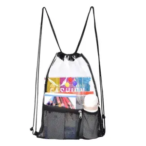 Custom PVC Clear Drawstring Backpack Travel Waterproof Storage Bagpack See Through Transparent Knapsack Draw String Back pack