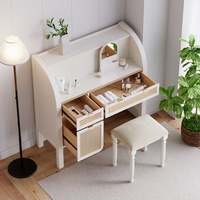 KD furniture Farmhouse Ensemble de coiffeuse de maquillage blanche Coiffeuse en rotin avec tabouret et miroir
