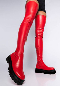 Bottes hautes pour femmes à semelle épaisse, design tendance, en cuir extensible, au-dessus du genou, couleur rouge, plates - Product Image 6