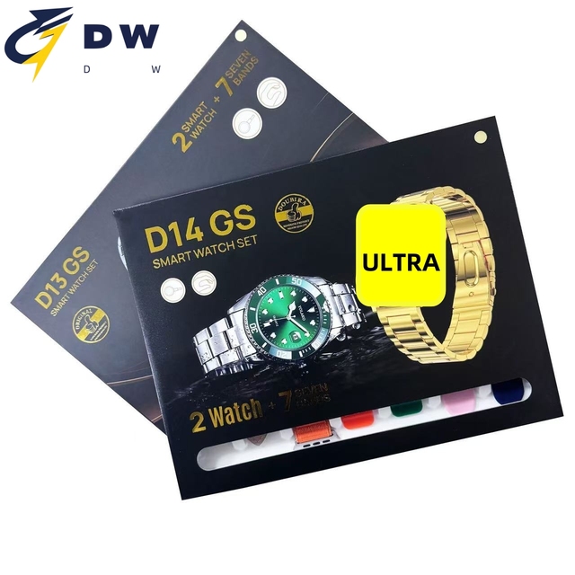 Trending D14 GS Smartwatch Luxury Quartz Watch 7 in 1 S9 Ultra Gold Fitness Tracker IP67 Waterproof TFT Display With 2 Watches