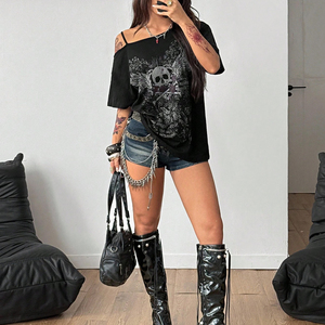 Trendy Women's Loose Black Gothic T-Shirt One Shoulder Spaghetti Strap <strong>Skull</strong> &amp; Wings Print Y2K Punk Grunge Streetwear Casual <strong>Top</strong> - Product Image 3