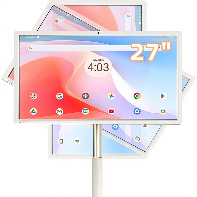 27-Inch White Portable Screen TV 1080P Touch Monitor Wheels 8MP Camera Google TV Android 14 QC 8G RAM+128G Storage