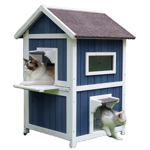 WoodVille 2-verdiepingen buitenkattenverblijf van massief hout, modern dierenhuis met trap, raam, ademend, duurzaam metalen constructie voor kleine katten - Product Image 4