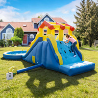 Toboggans aquatiques gonflables commerciaux à double piste avec piscine à balles, mur d'escalade, piscine à jets, jeu de lancer d'anneaux, panier de basket-ball, souffleur