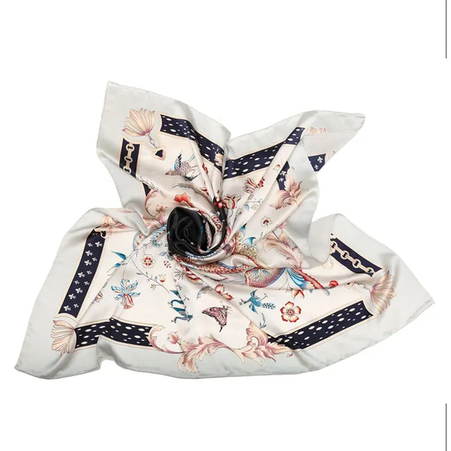 New Retro Fancy Art Style Satin Scarf Headband Headscarf 90*90 Flower Printed Soft Square Hijab Scarfs for Women Stylish Silk