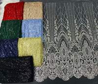 Schwarzer, schwerer, paillettenbesetzter, perlenverzierter, kordelverzierter Spitzen-Mesh-Netzstoff mit Perlen und Blumenmuster, gewellter Brautkleidstoff, Meterware, auf Lager