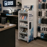 Présentoir pliable multi-niveaux en métal pour coques de téléphone, supports de téléphone et écouteurs filaires, idéal pour les accessoires de téléphonie en magasin de détail