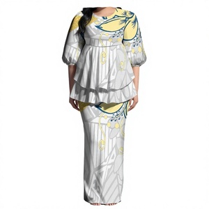 Customized Design <b>White</b> <b>Ladies</b> Samoan Print Polynesian Puff Half Sleeve Long Maxi Dress Back Slit 2 Piece Polyester - Product Image 3