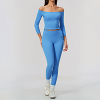 Ensemble de yoga 2 pièces pour femme, haut court à épaules dénudées et manches 3/4, leggings taille haute, logo personnalisé, tenue de sport, survêtement OEM