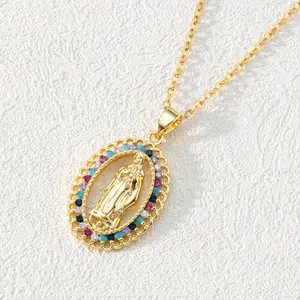 Europe and America religious accessories copper micro inlay colored zircon Virgin Mary pendant personalized necklace