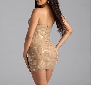 ชุดเดรสวินเทจฤดูร้อนสำหรับผู้หญิง ขายส่ง แฟชั่นยุโรปอเมริกา สีพื้น ไม่มีหลัง ประดับเพชรแบบปั๊มร้อน - Product Image 3