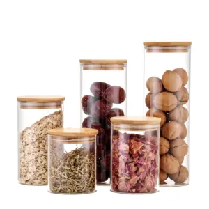 Bocaux en verre transparent, boîte hermétique, ensemble de récipients de stockage des aliments de cuisine avec couvercles en bambou naturel pour bonbons, 5 pièces