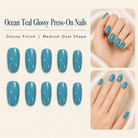 K795 Kaixin Faux ongles à presser, forme ovale moyenne, couleur Teal Océan, style French, pour usage intérieur, fournitures pour ongles
