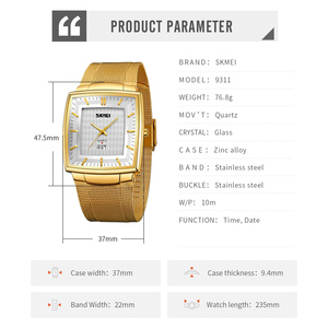 スクエアメンズクォーツカジュアルウォッチ SKMEI 9311 防水 本革ステンレススチールストラップ ファッショナブルなOEMデザイン - Product Image 6