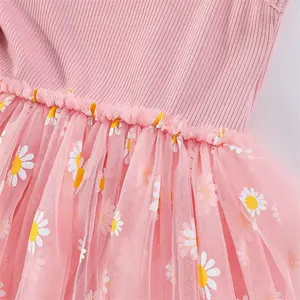 Diskon besar-besaran 2024 gaun Tutu anak perempuan motif aster kecil musim panas gaun motif bunga untuk anak perempuan tanpa lengan