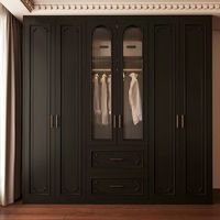 Armoire noire rétro française avec portes en verre cintrées et coiffeuse intégrée |   Conception personnalisable du sol au plafond