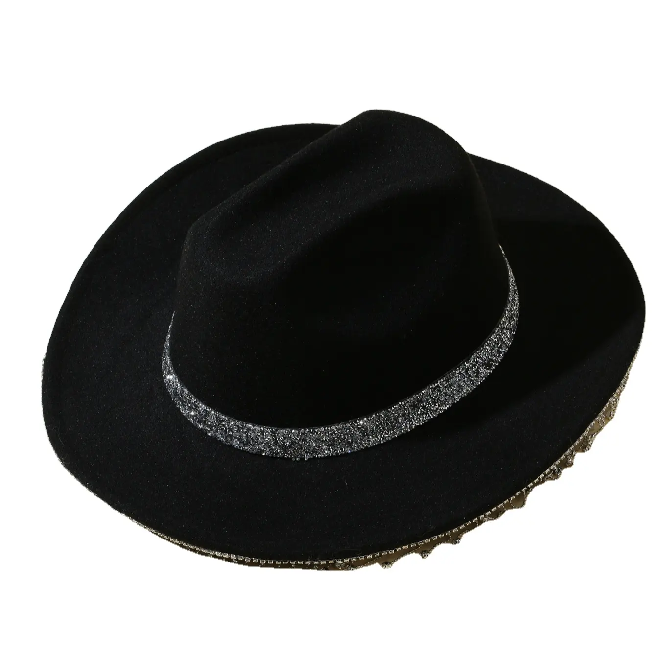 Grosir topi gadis koboi pinggiran berlian imitasi panggung Retro topi Barat warna Solid topi atasan pesta Jazz dengan tali serut bisa disesuaikan