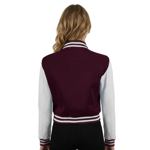 <b>Women's</b> Maroon Varsity <b>Jacket</b> <b>White</b> Sleeves Contrast Color Covered Button Regular Length Waterproof Windproof Fleece Lined 100% - Product Image 2