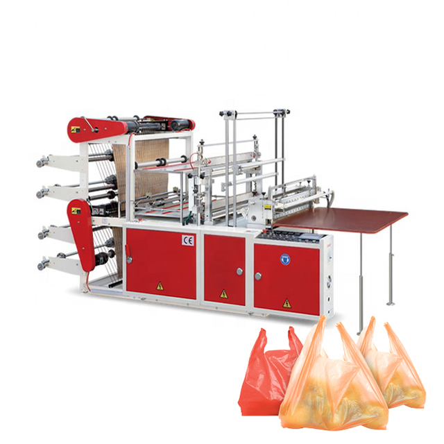Automatic Double-layers Hot Sealing Cold Cutting Plastic Polythene Garbage Vest Bag Shopping t Shirt Carry Bag Making Machine