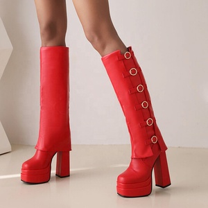 Bottes à multiples boucles superposées tendance, bottes hautes à talon épais et plateforme pour femme, bout carré uni - Product Image 6