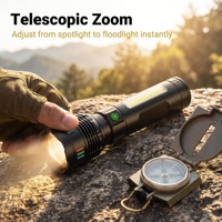 Lampe torche zoomable à double source lumineuse, rechargeable par USB, 6 modes d'éclairage, lumière latérale COB, torche LED en alliage d'aluminium, camping, IP44