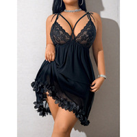 Robe Babydoll B1078 avec Appliques Florales, Dentelle Transparente Bleu Marine, Taille Empire, Décolleté Plongeant en V, Bretelles Croisées, Mini-Nuisette pour Femme