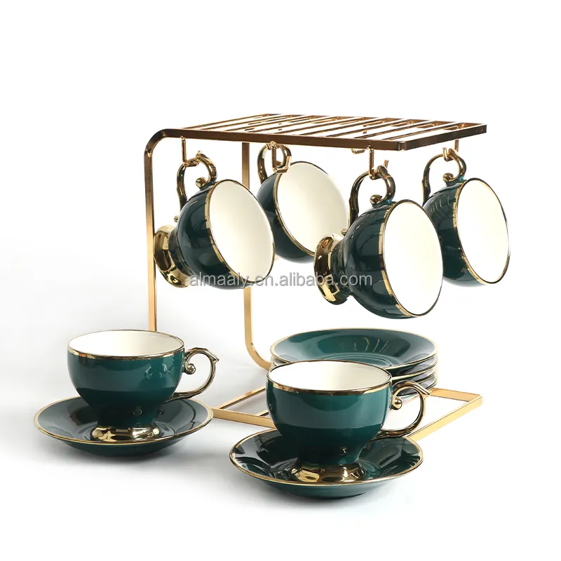 Popular Malachite green Design Luxury European Style Customize Design Fine Gift Wedding Coffee Cup Tea Sets Ceramic Cup Saucer