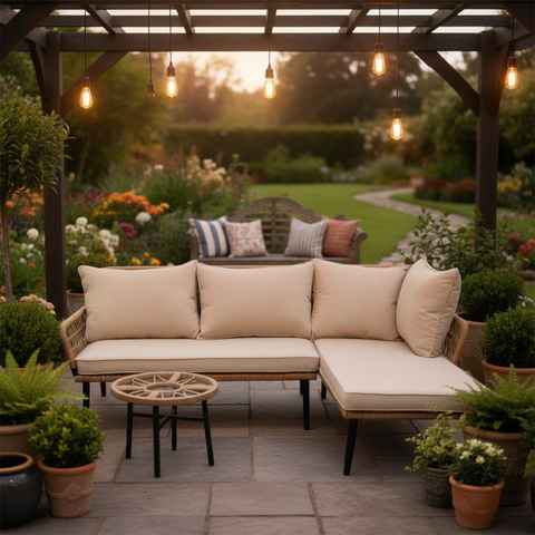 Durable metal outdoor sofa set with waterproof cushions for commercial buyers