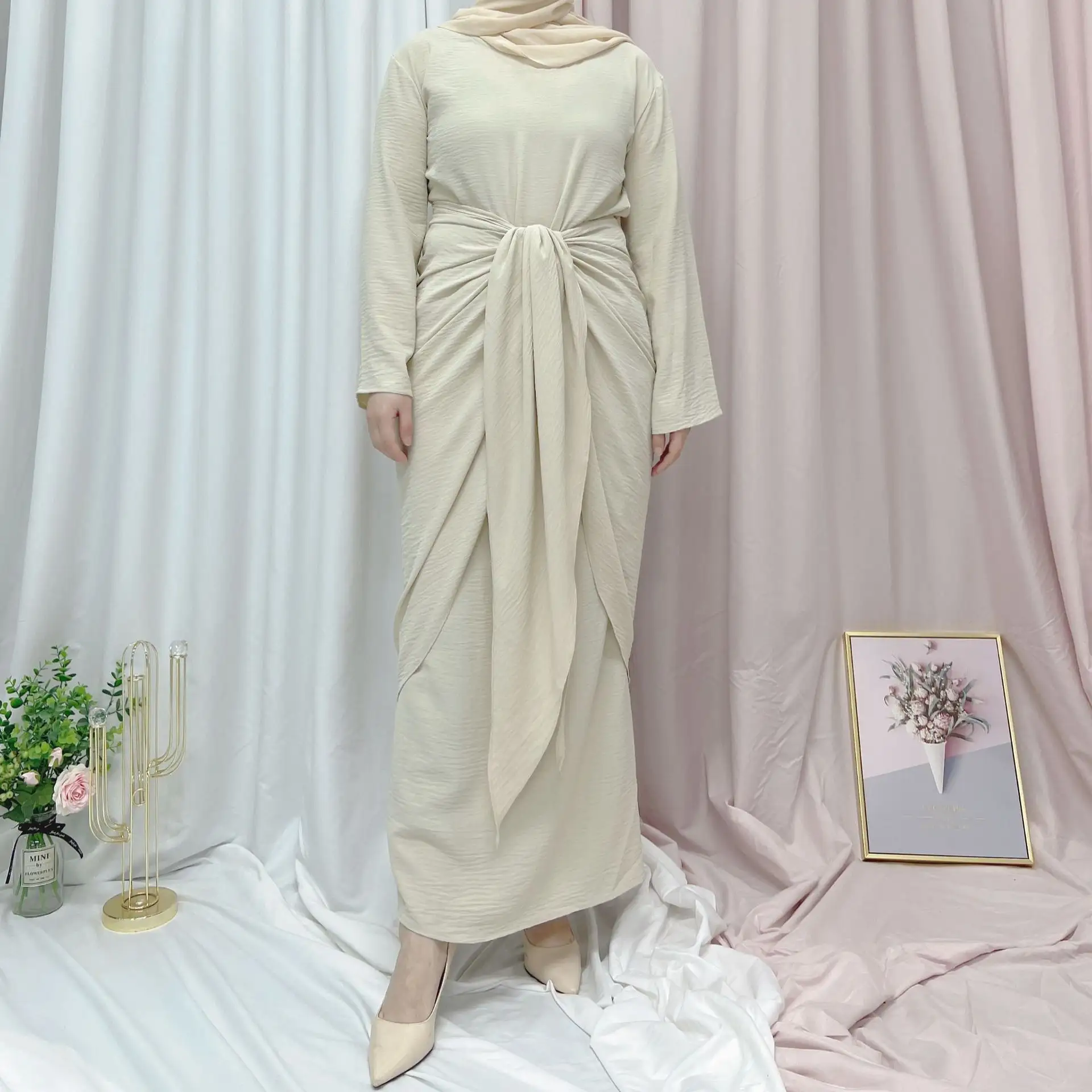 Latest Feminine Solid Self-Belt Front Women's Muslim Abaya Dubai Satin Tunic Dress Floor-Length Plain Dyed Natural Waistline