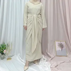 Latest Feminine Solid Self-Belt Front Women's Muslim Abaya Dubai Satin Tunic Dress Floor-Length Plain Dyed Natural Waistline