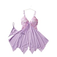 Ensemble de lingerie pour femme rose en dentelle florale transparente, style babydoll, col en V, nœud, ourlet irrégulier, bretelles spaghetti, avec culotte assortie