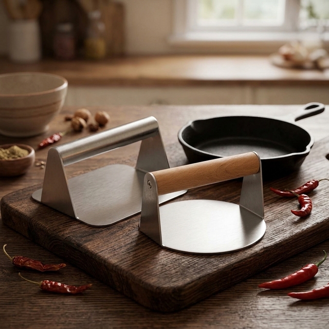Wood Handle Stainless Steel Meat Patty Maker Tool Manual Metal Beef Smash Burger Press