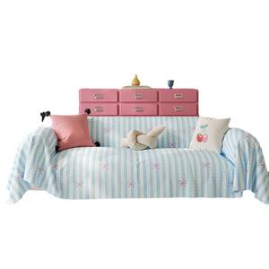 Fangqiaoye - Funda de Sofá de Estilo Coreano con Lazo, Rayas Bordadas, Elástica, Imitación Lino, Funda Protectora para Sofá Doble - Product Image 5