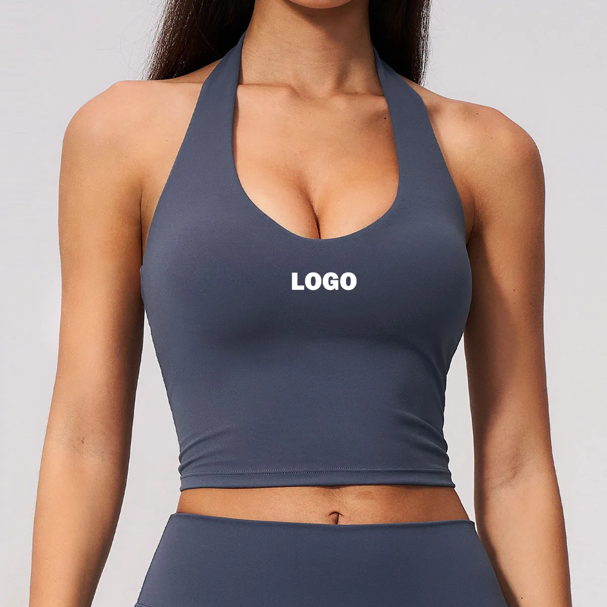 Women's Low Cut Halter Yoga Top Built-in Bra V Neck Backless Sportswear 4 Way Stretch Gym Fitness Tank Top With Custom Logo