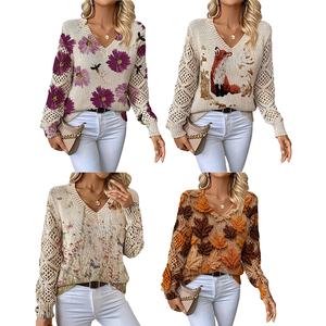 <span class=keywords><strong>Pull</strong></span> imprimé best-seller, élégant, bohème, à fleurs, col en V, manches longues, hauts décontractés amples et tendance pour femmes - Product Image 6