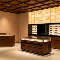 Vitrine de présentation de lunettes en bois, mobilier de showroom pour lunettes avec comptoir optique en verre trempé