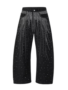 Jean large noir orné de strass, taille mi-haute, en denim délavé style vintage, streetwear pour homme - Product Image 1