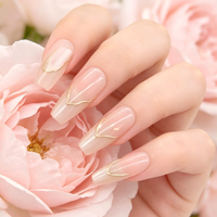 Ongles à presser en forme de V couleur nude doré, longs ongles cercueil brillants, ongles acryliques réutilisables
