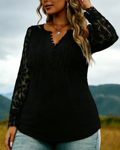 Camisa Holgada de Manga Larga con Botones y Encaje, Informal, para Mujer, Talla Grande, Primavera/Otoño, con Fibra de Leche - Product Image 1