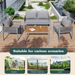 طقم أثاث حدائق من الراتان لأربعة أشخاص من AJUNION، أريكة استرخاء مع خشب الأكاسيا وأنابيب فولاذية مجلفنة، طقم أثاث للشرفة والفناء - Product Image 3