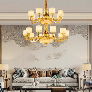 Lustre rond en cuivre et jade de style chinois, à plusieurs têtes, avec éclairage LED pour salon, villa, hall, éclairage principal - Product Image 1