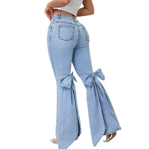 Jeans acampanados elásticos con lazo para mujer, pantalones vaqueros de pierna ancha de cintura alta en azul claro, estilo urbano de moda para verano - Product Image 1